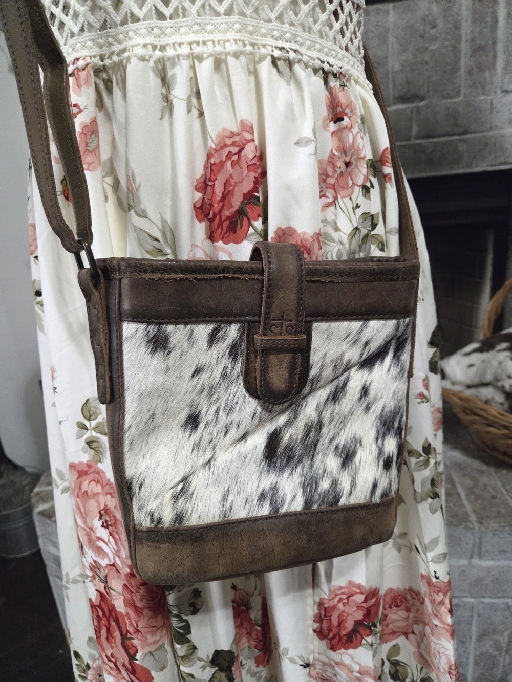 STS Ranchwear Brown Leather Crossbody with Black & White Haircalf